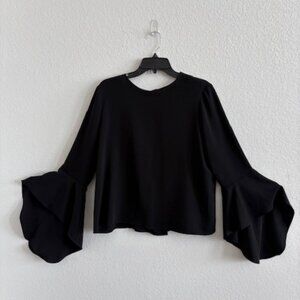 NWT CATHERINE MALANDRINO BLACK BUTTON UP BACK BLOUSE WITH BELL SLEEVES, SIZE 12